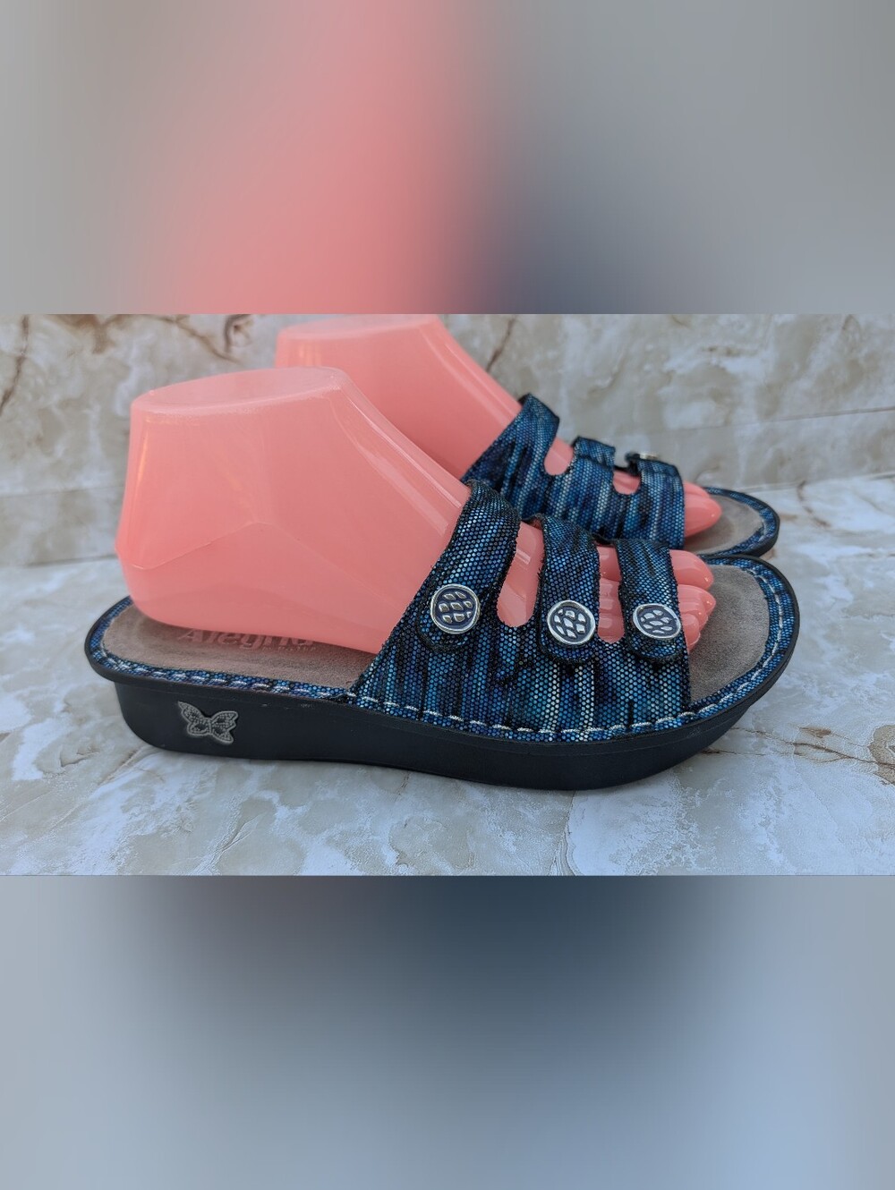 Alegria Blue Multi-Strip Slide Sandals Sz 38